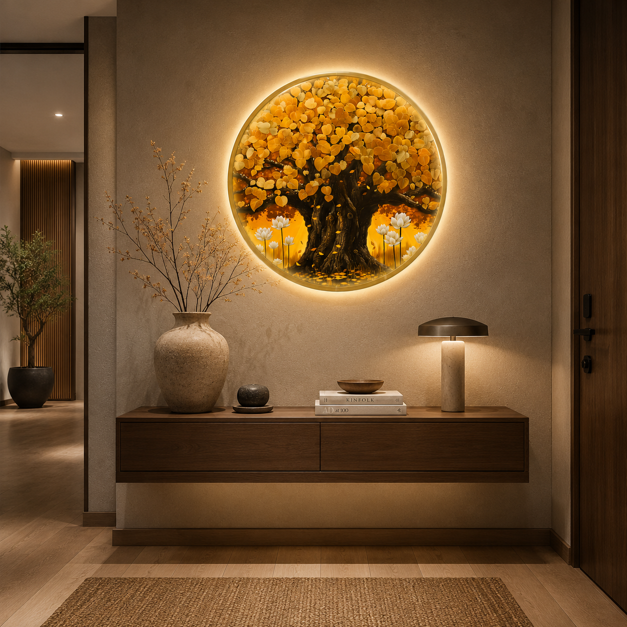Golden Tree of Life LED Wall Art - Round Wooden Wall Decor with Lotus Flowers & Backlit LED