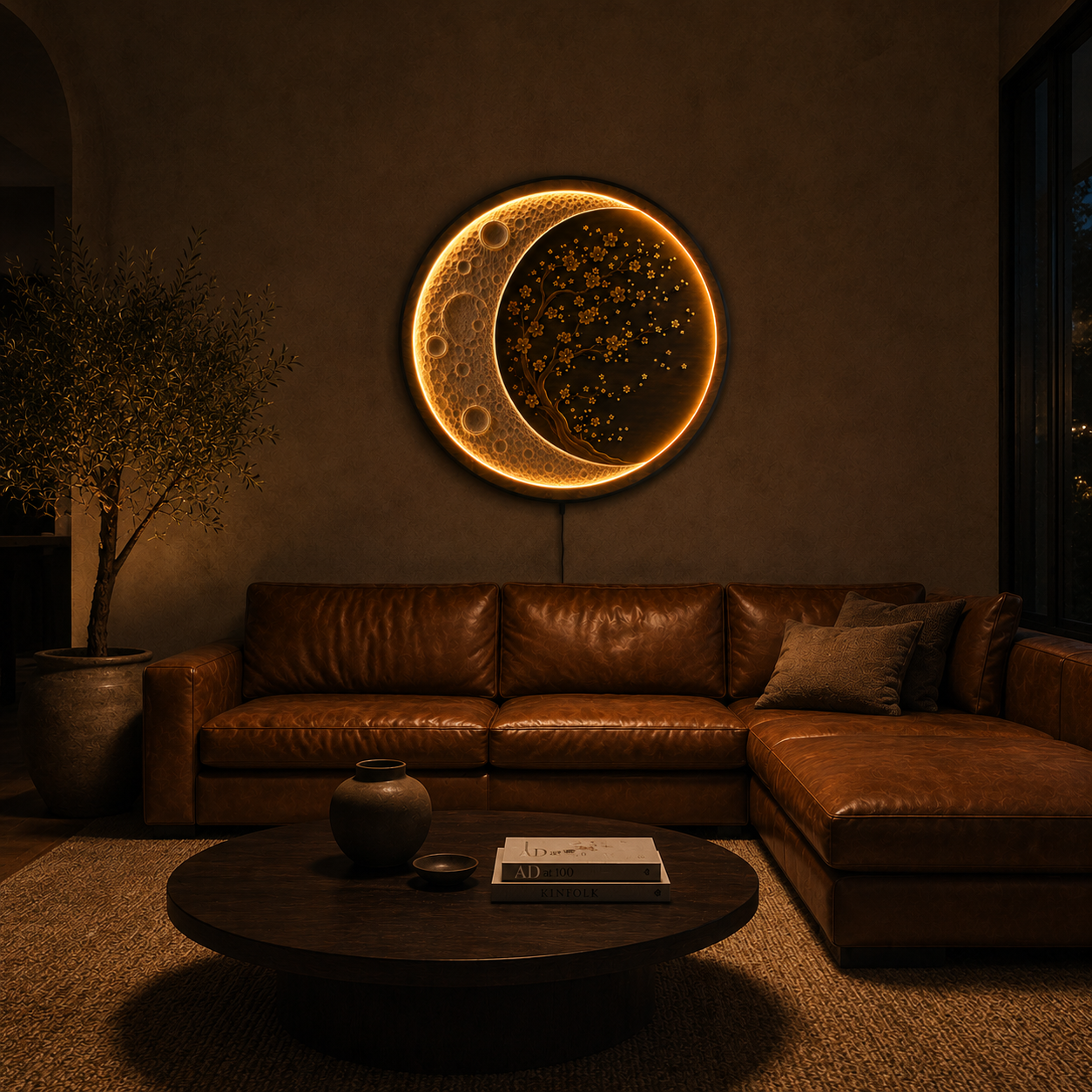 Moon Blossom LED Wall Art | Round Illuminated Moon & Cherry Blossom Wall Decor with Remote | Warm Ambient Light