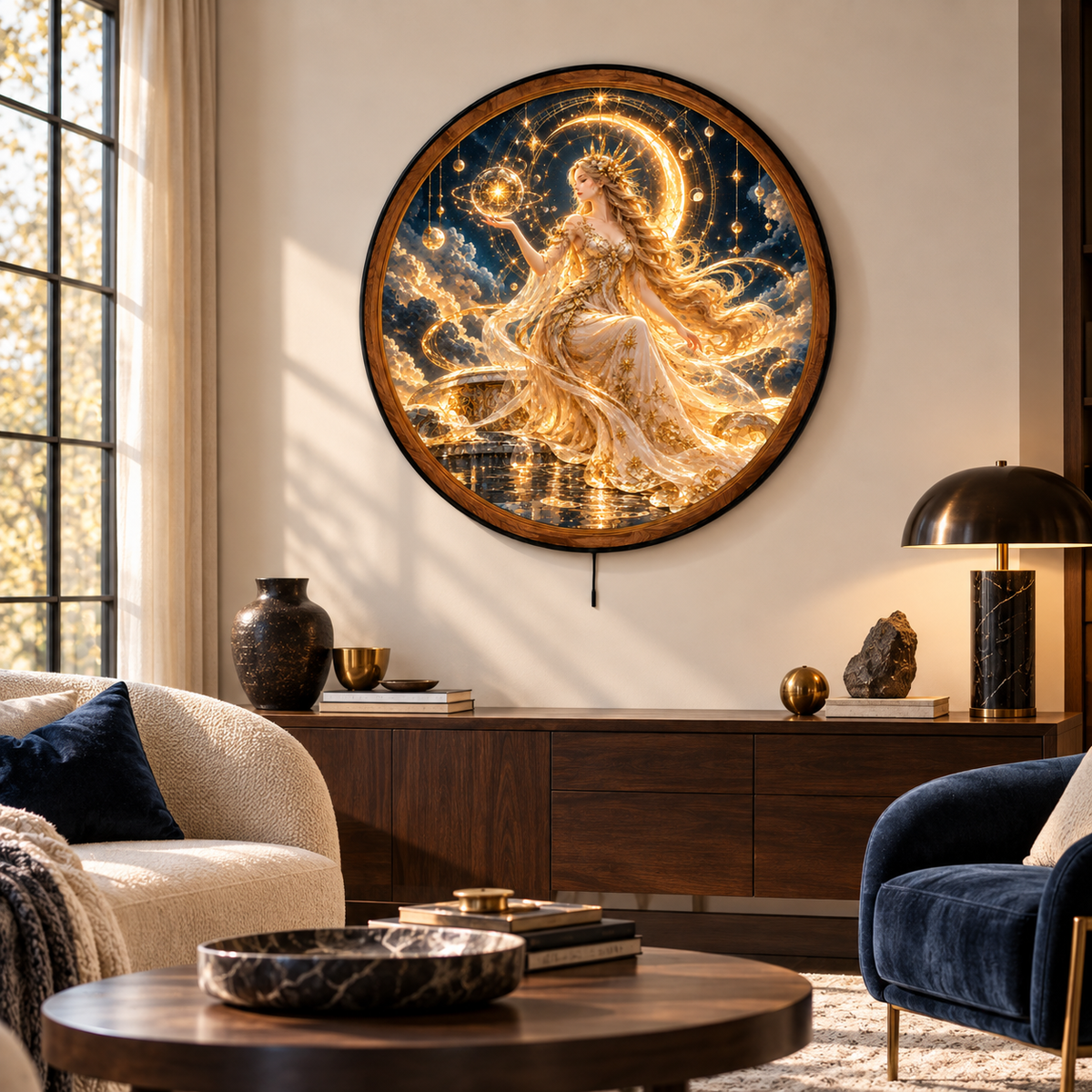 Celestial Goddess Golden Moon Circular LED Wall Art