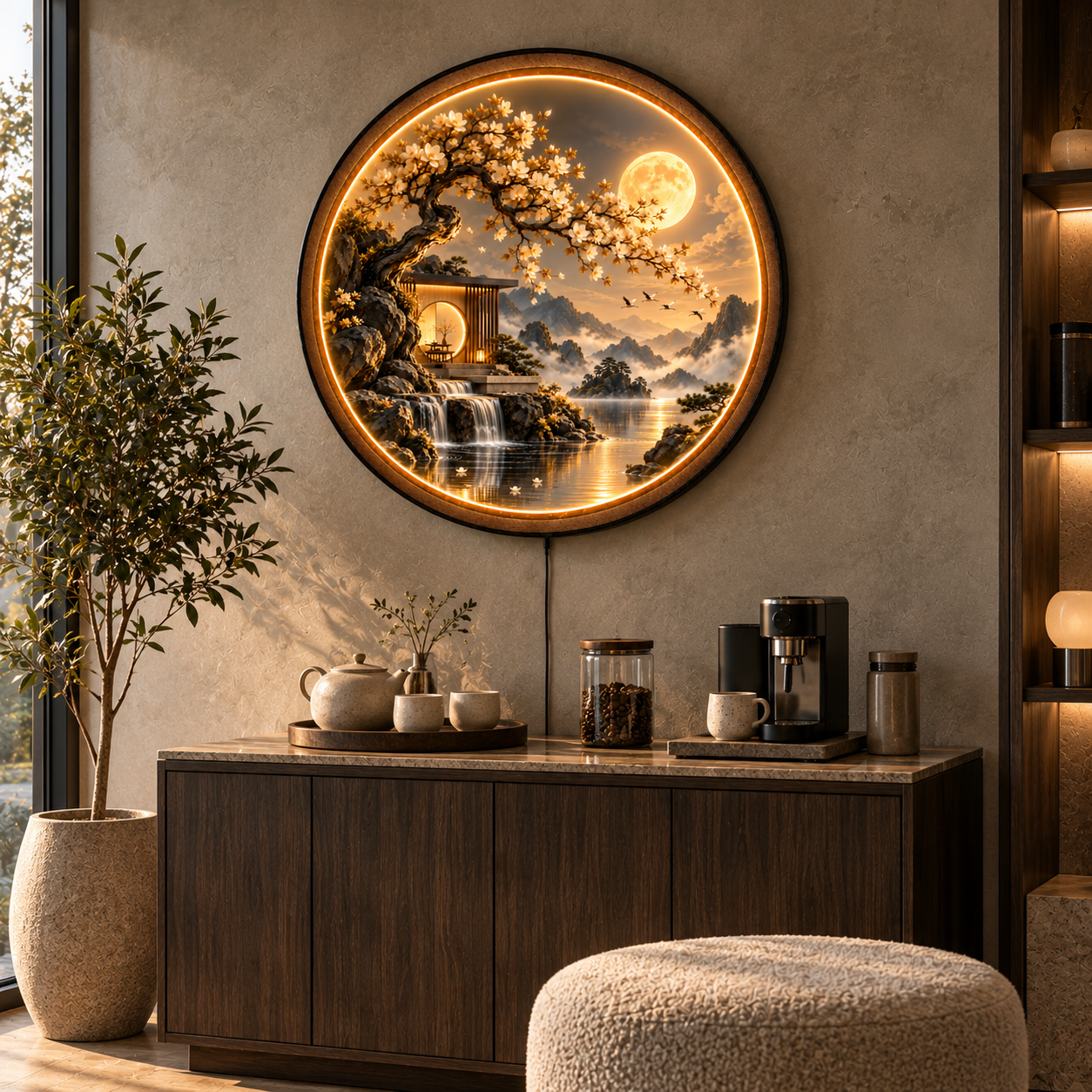 Moonlit Blossom Retreat LED Wall Art – Zen Landscape Decor