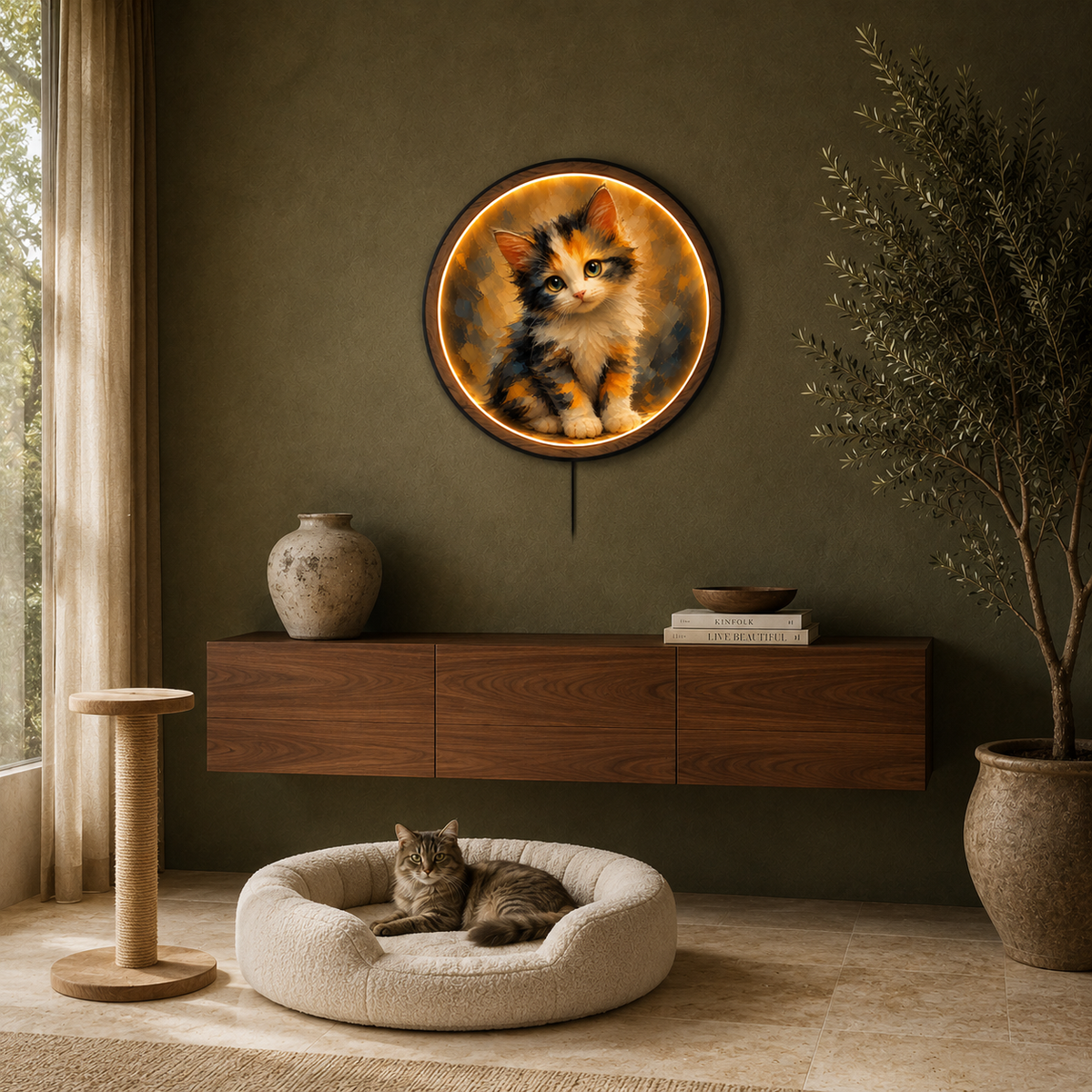 Cute Calico Kitten LED Wall Art Light – Round Acrylic Decor with Wooden Frame