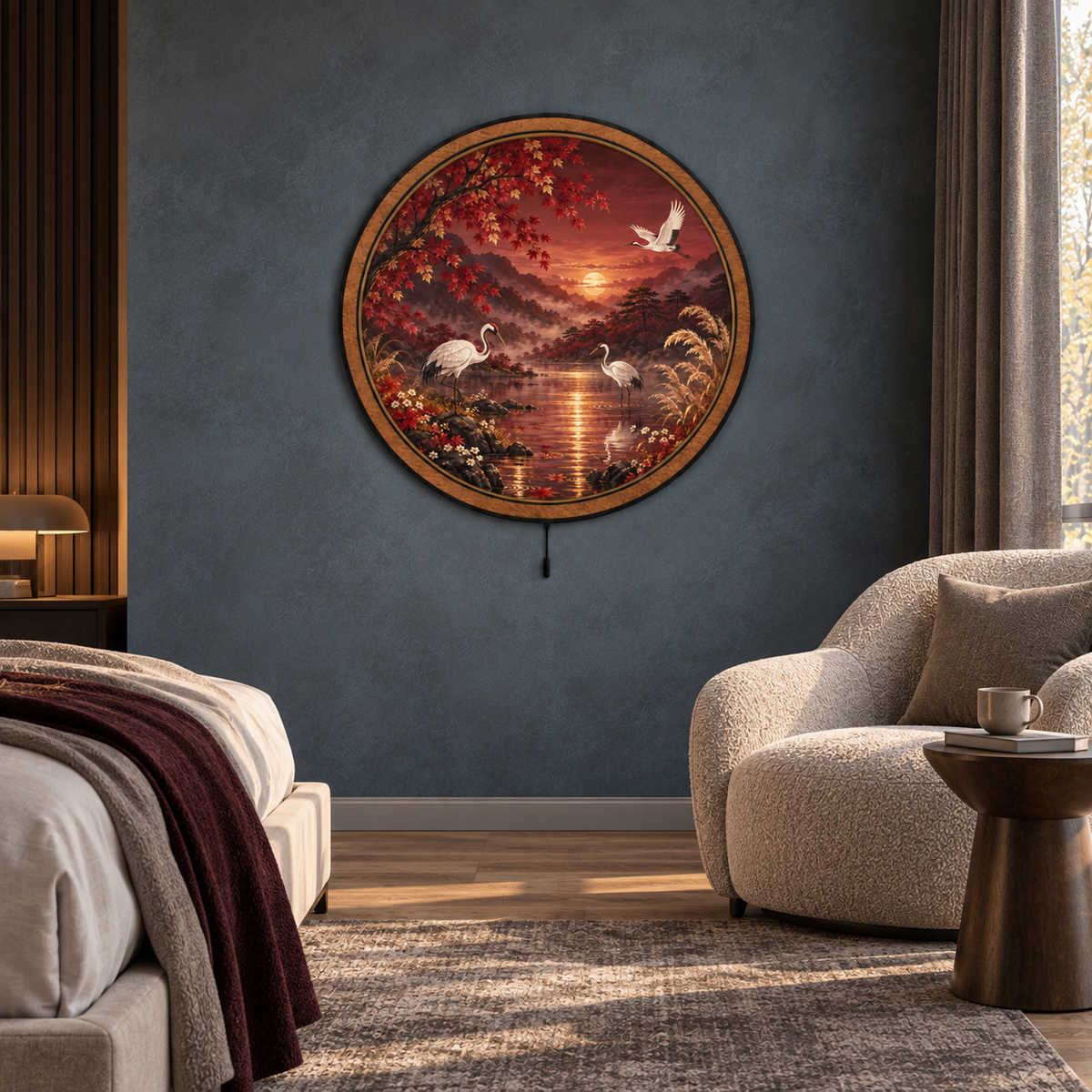 Crimson Crane Valley – Autumn Sunset LED Wall Art