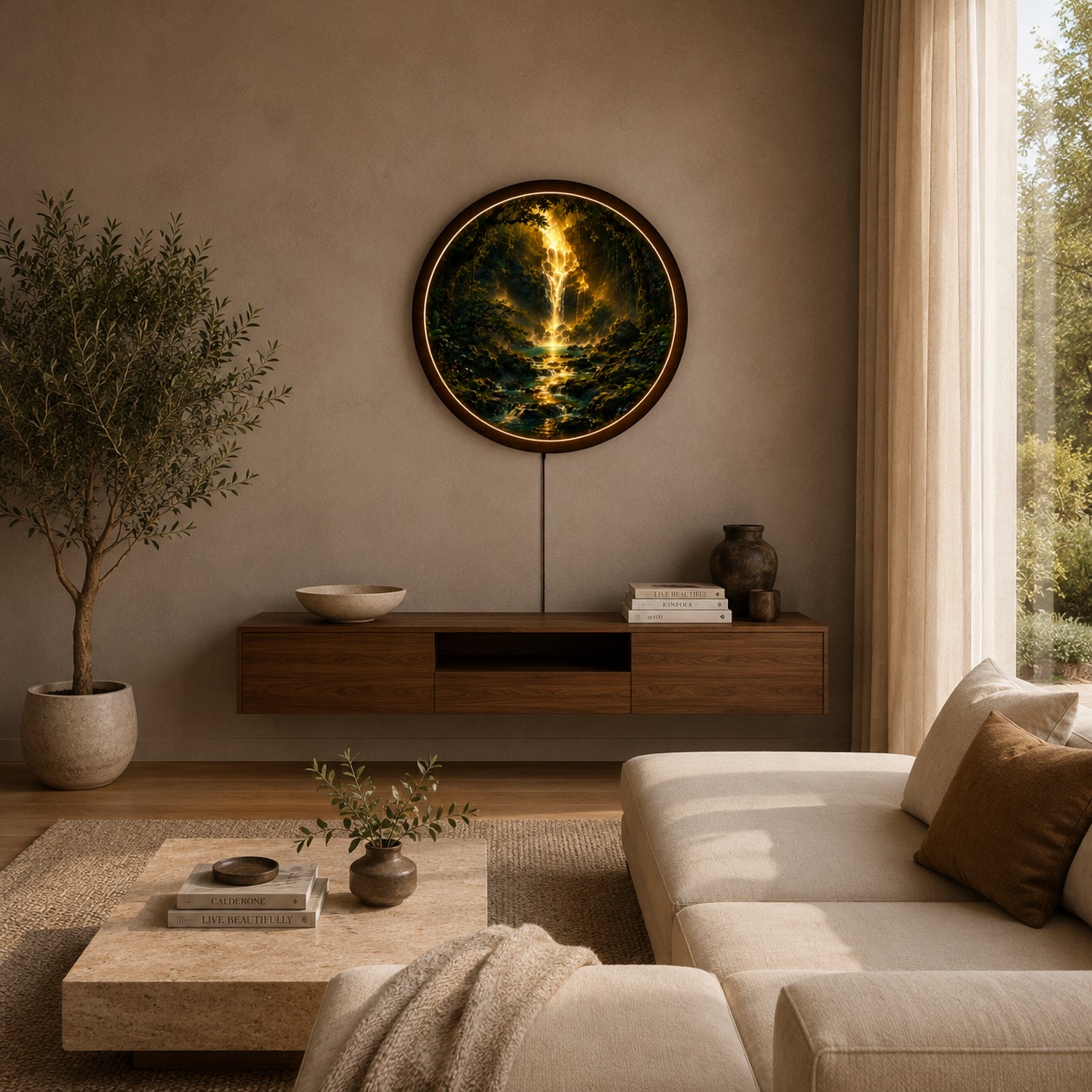 Golden Forest Waterfall LED Wall Art – Round Illuminated Wooden Wall Decor