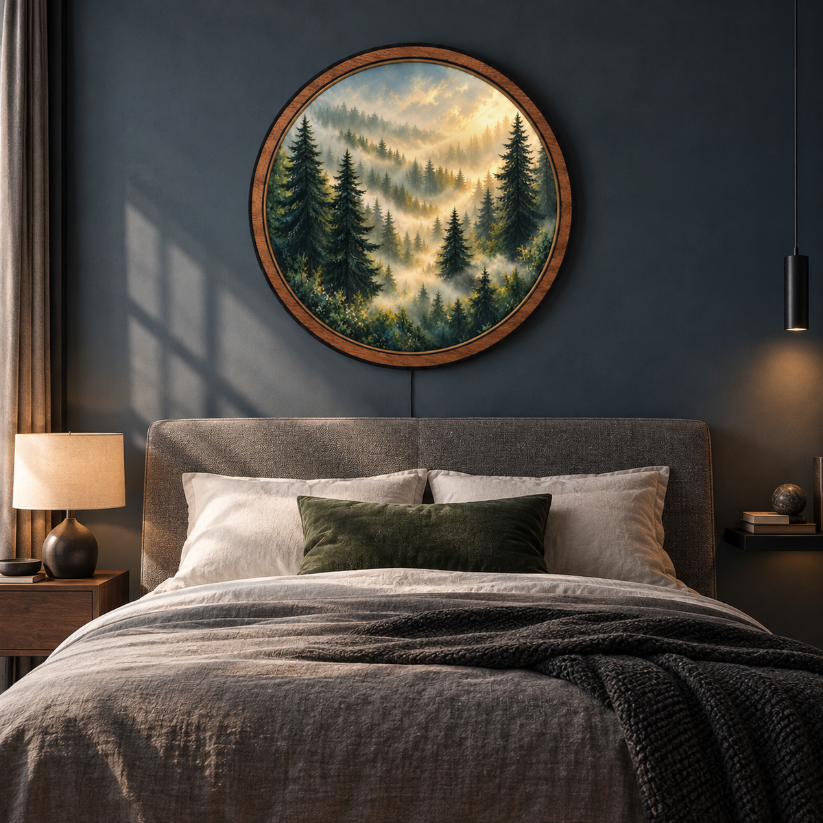 Misty Pine Sunrise LED Wall Art – Golden Forest Light