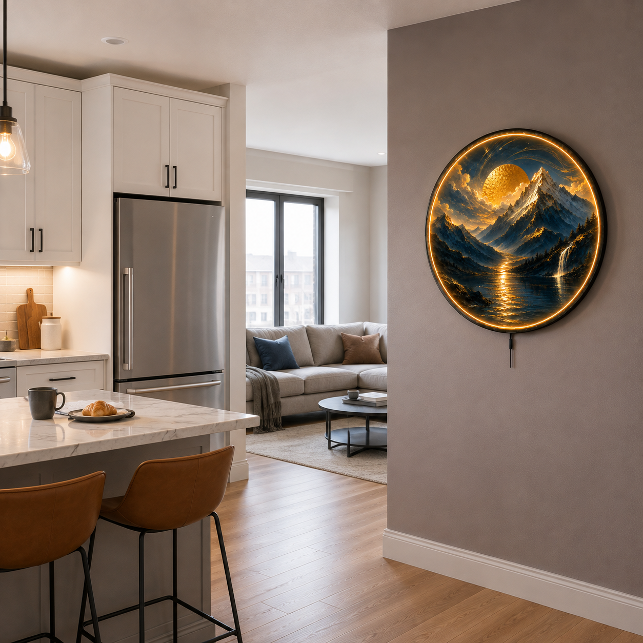 Solarcrest Mountain LED Wall Art – Golden Alpine Landscape