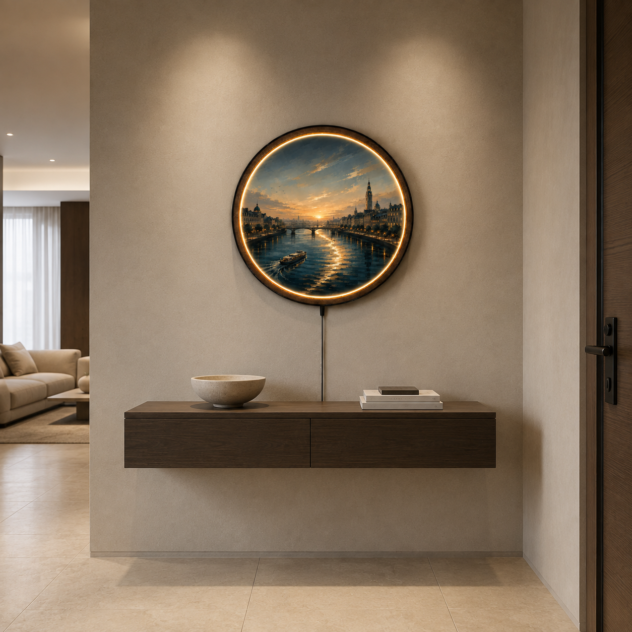 Golden Riverside European Cityscape LED Wall Art