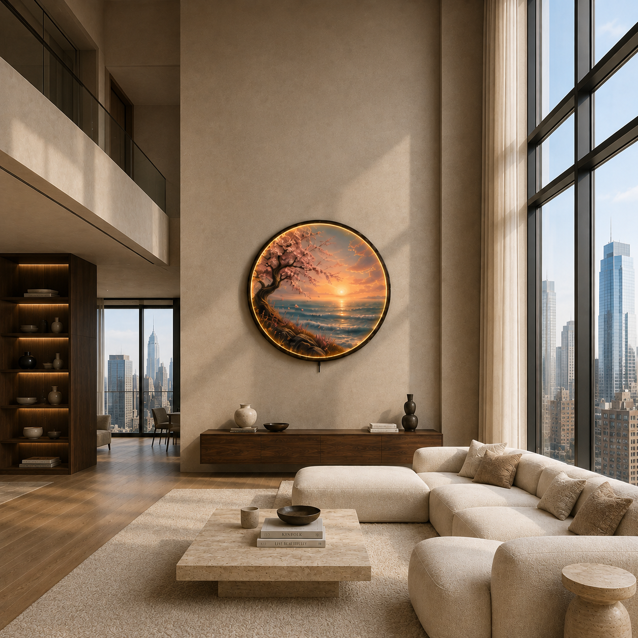Cherry Blossom Coastal Sunset LED Wall Art – Round Illuminated Acrylic Decor
