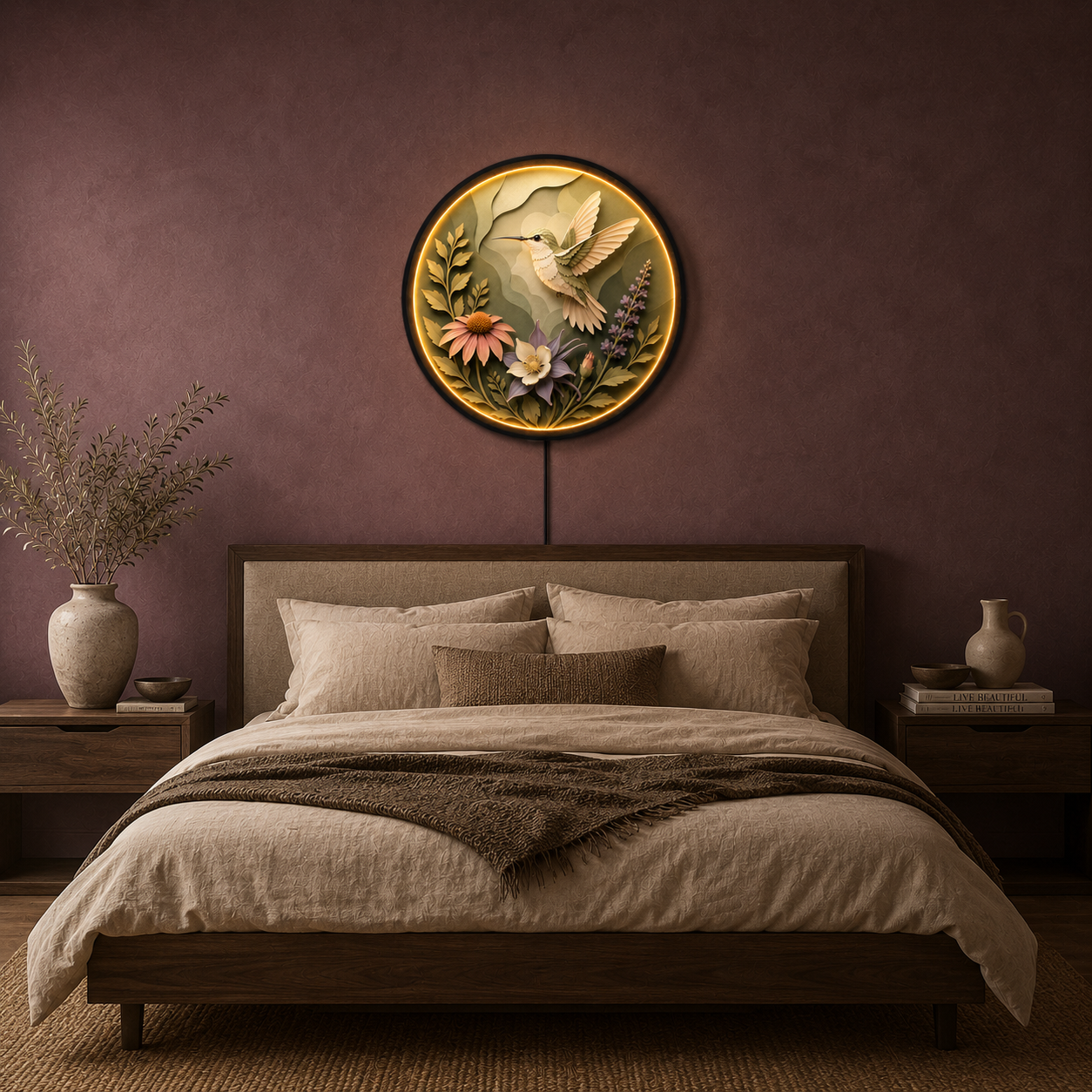 Hummingbird Bloom LED Wall Art – Round Nature Lighted Wall Decor