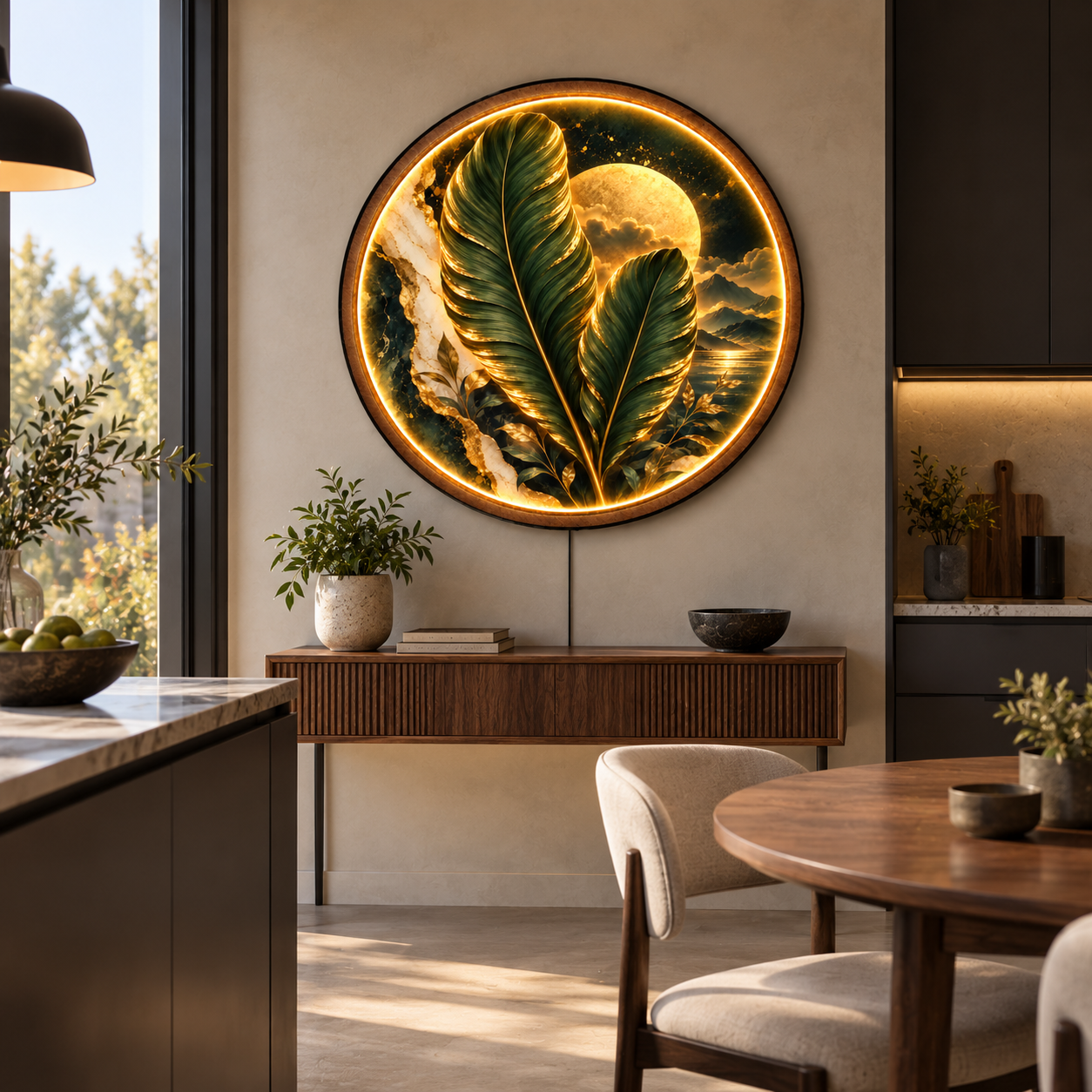 Golden Botanical Moon LED Wall Art – Luxury Leaf Wall Decor