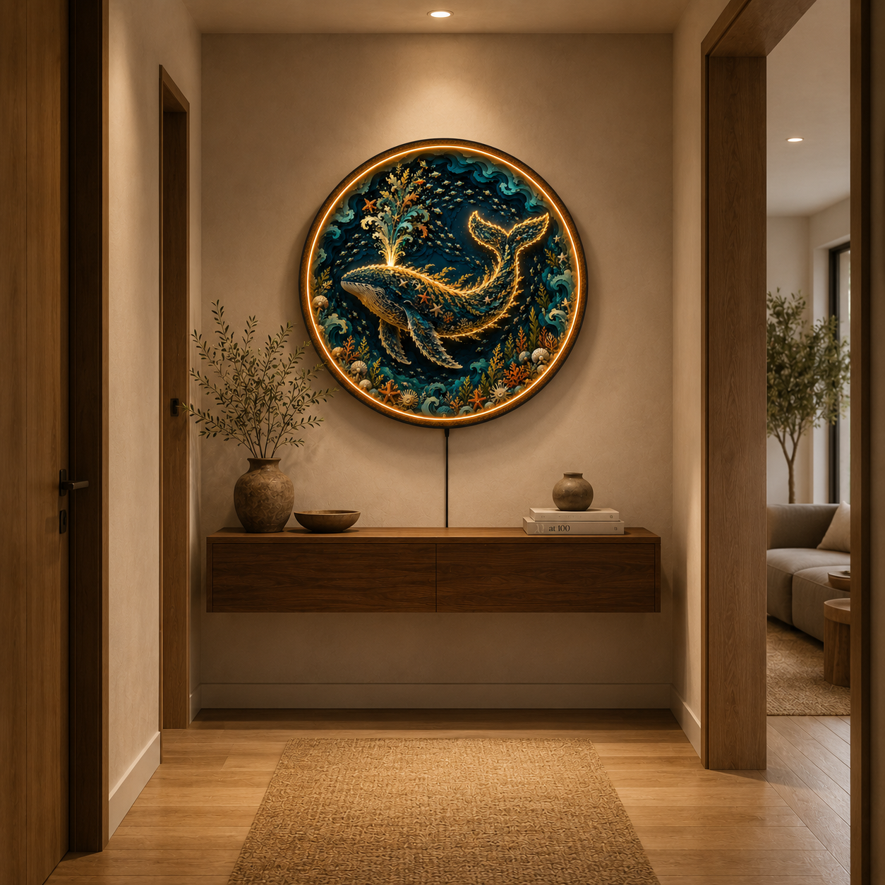 Majestic Ocean Whale LED Wall Art – Round Wooden Coastal Light Decor
