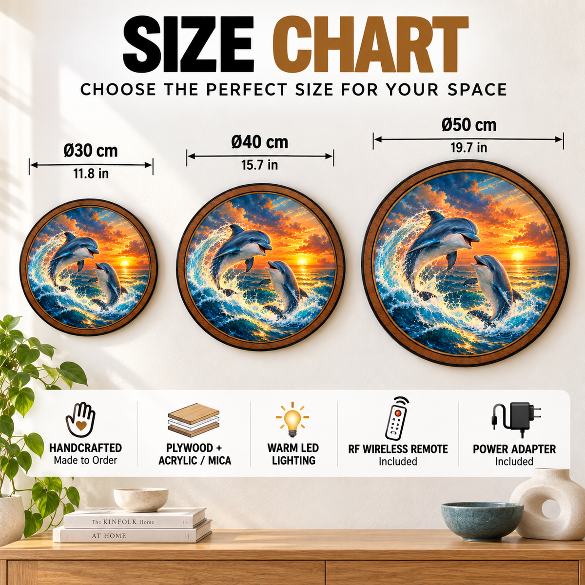 Dolphin Sunset Ocean Waves Circular LED Wall Art