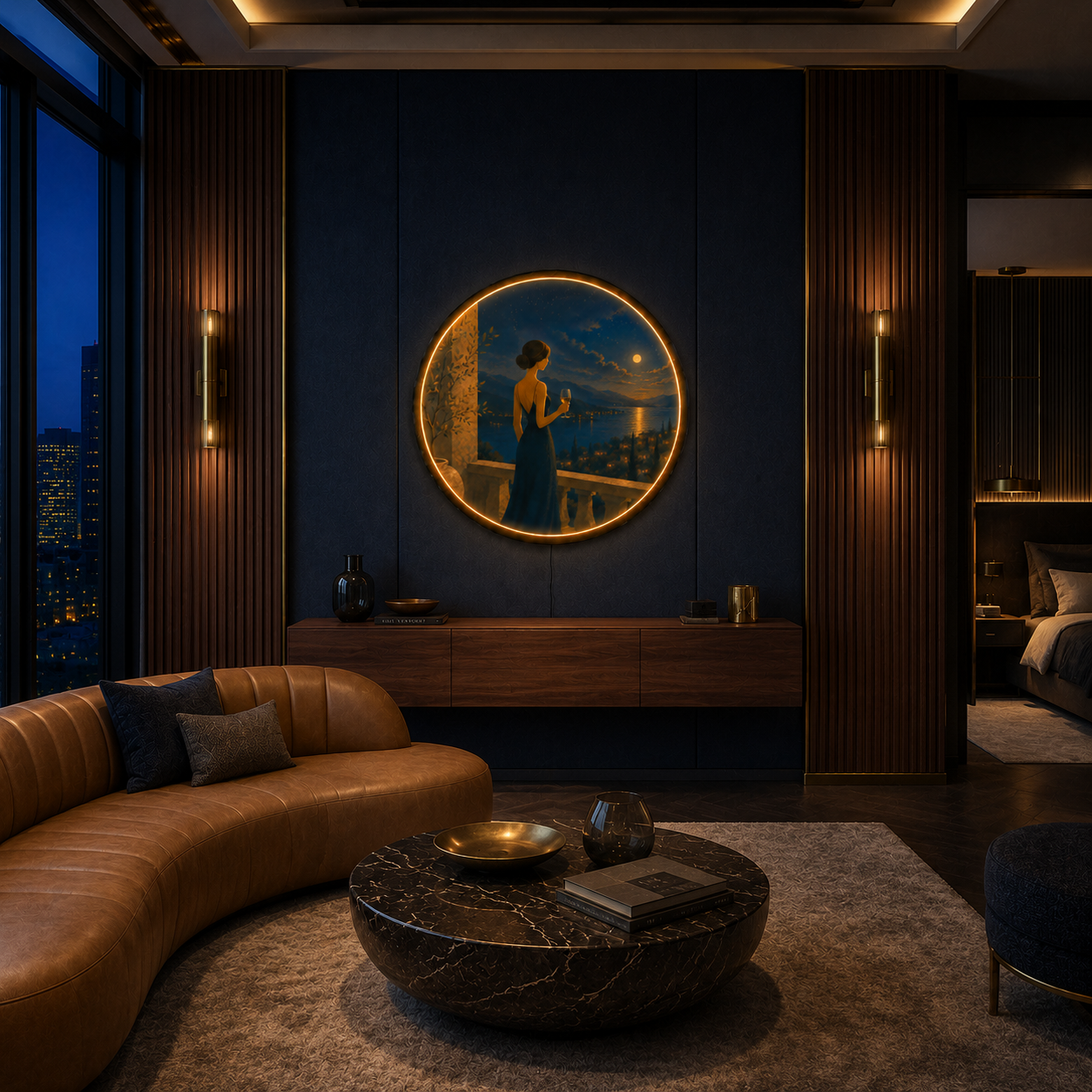 Moonlit Lake Balcony LED Wall Art – Elegant Night View Acrylic Decor