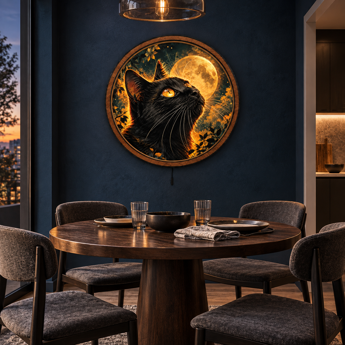 Midnight Guardian LED Wall Art – Black Cat & Golden Moon Decor