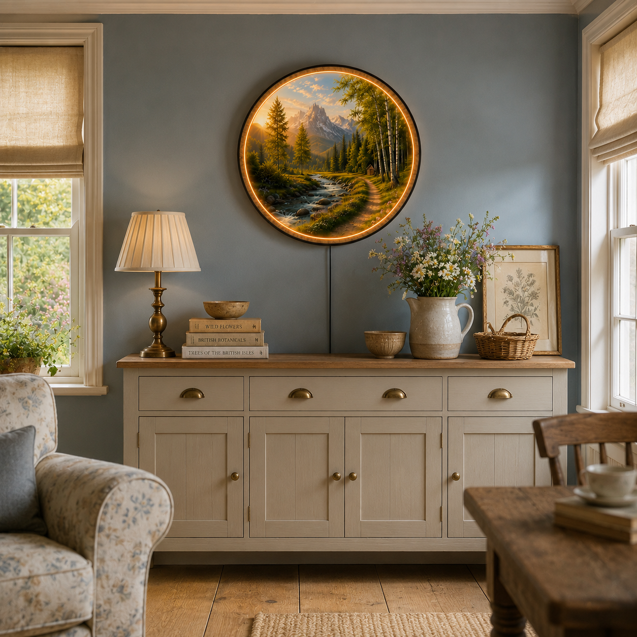 Mountain Sunrise LED Wall Art – Alpine River Round Lighted Decor