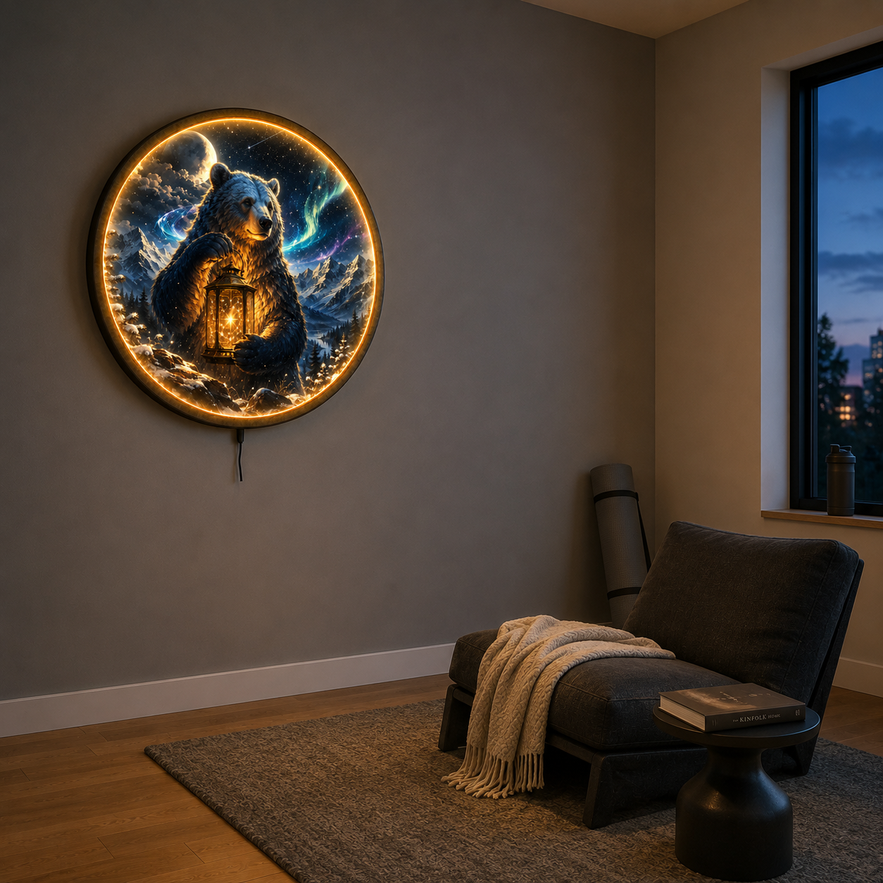 Northern Lightkeeper LED Wall Art – Bear & Aurora Mountain Decor