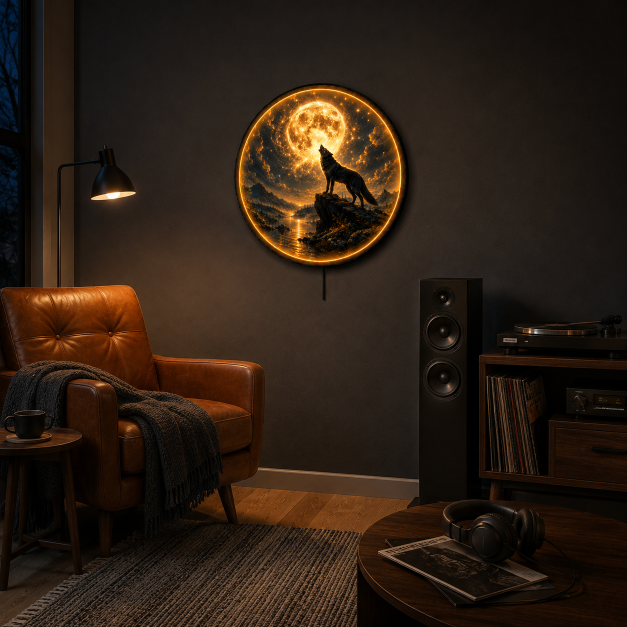 Mooncall Wolf LED Wall Art – Full Moon Mountain Nature Decor