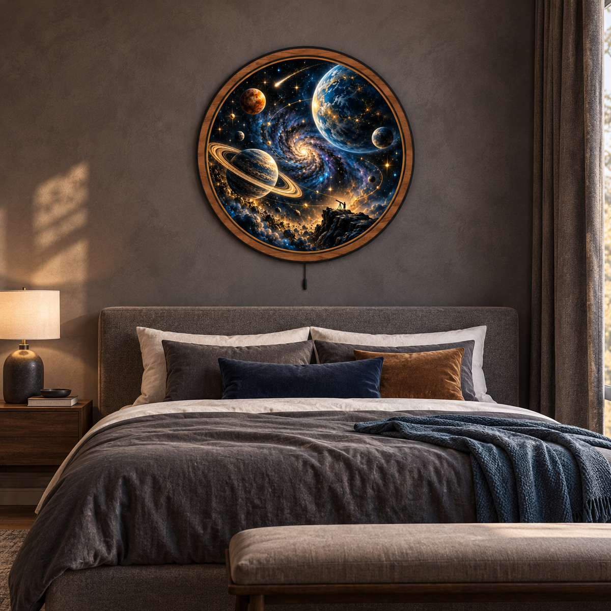 Cosmic Voyager — Golden Galaxy LED Wall Art | Space & Planet Decor