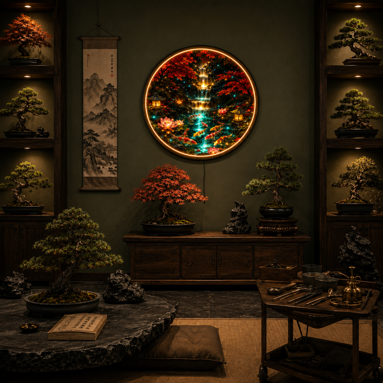 Japanese Koi Waterfall LED Wall Art – Illuminated Zen Nature Decor