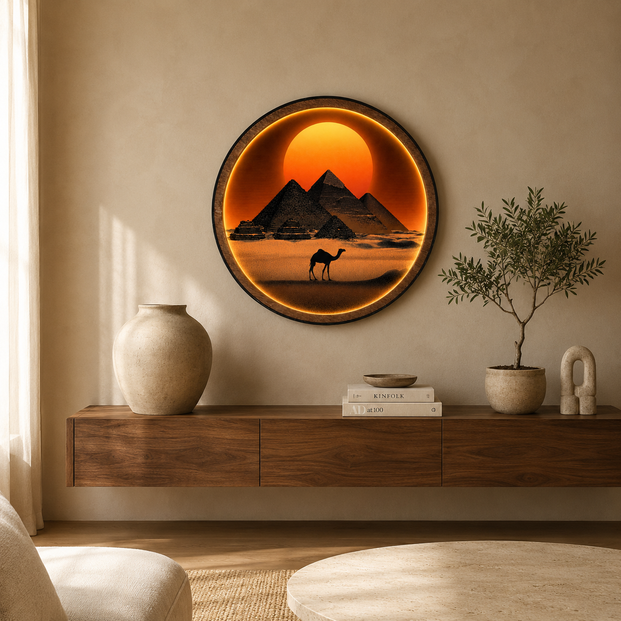 Desert Sunset Pyramid LED Wall Lamp – Wooden Frame Wall Art