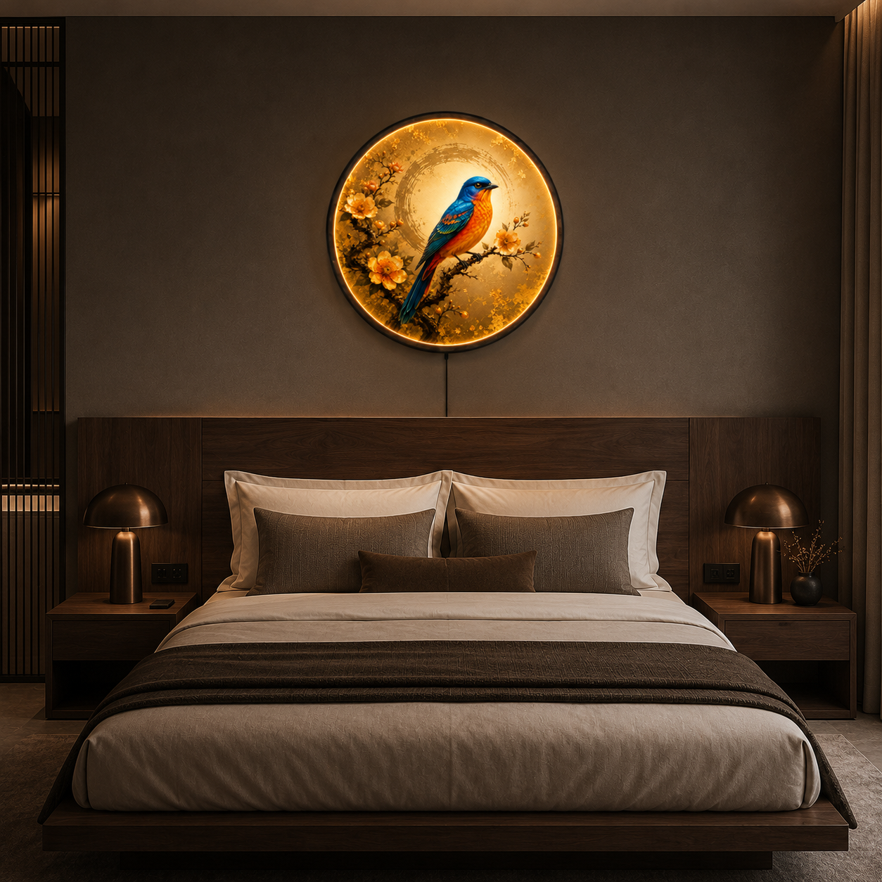 Bluebird Blossom LED Wall Art – Round Illuminated Nature Wall Decor