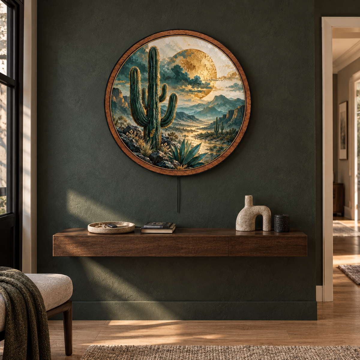 Desert Solstice — Golden Cactus LED Wall Art | Southwestern Desert Lighted Wall Decor