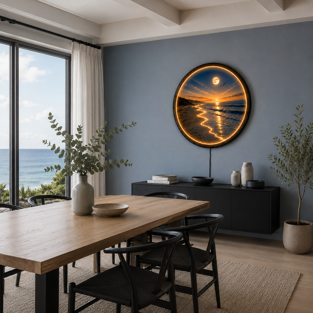 Moonlit Coastal Serenity LED Wall Art – Round Wooden Ocean Light Decor