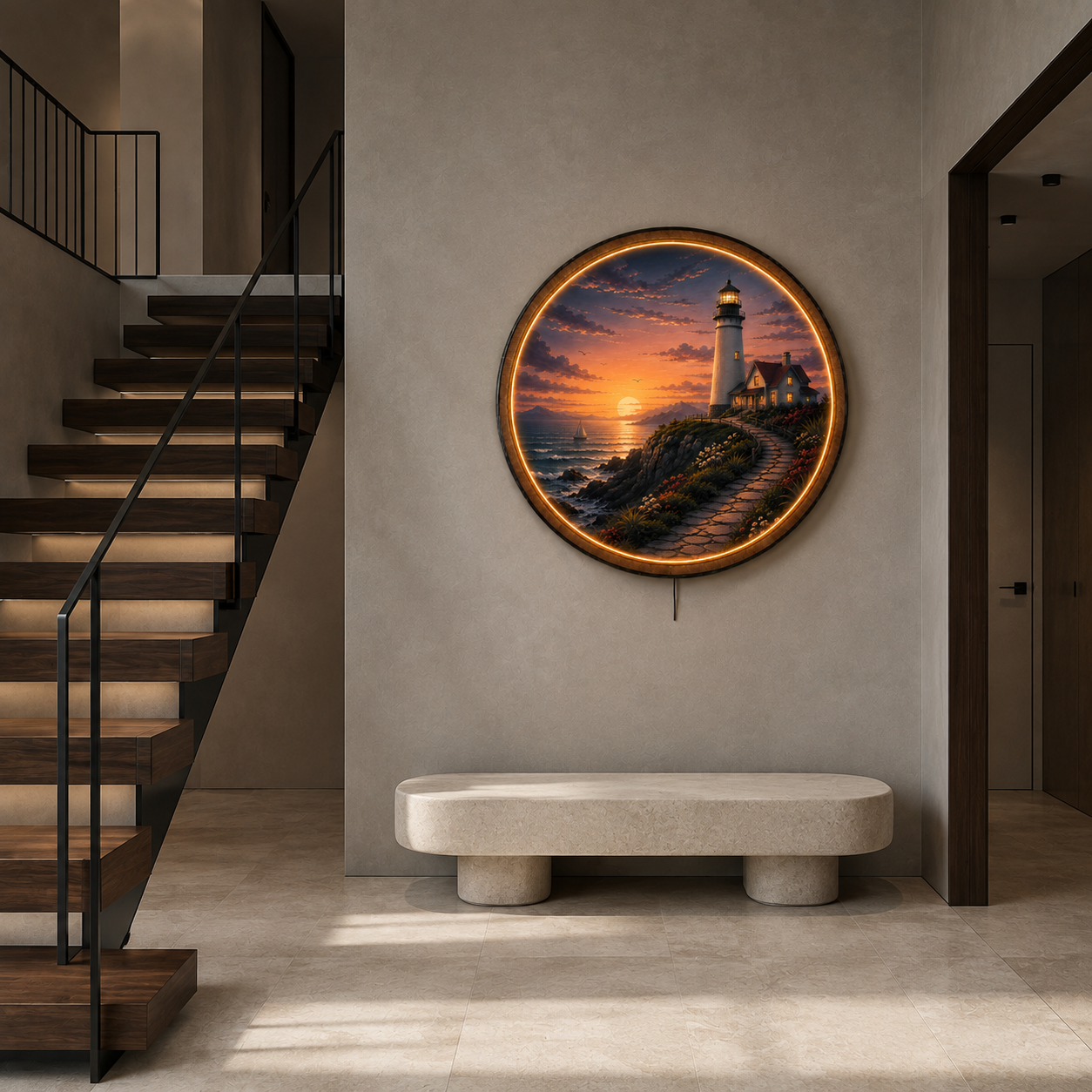 Harbor Light LED Wall Art – Coastal Lighthouse Sunset