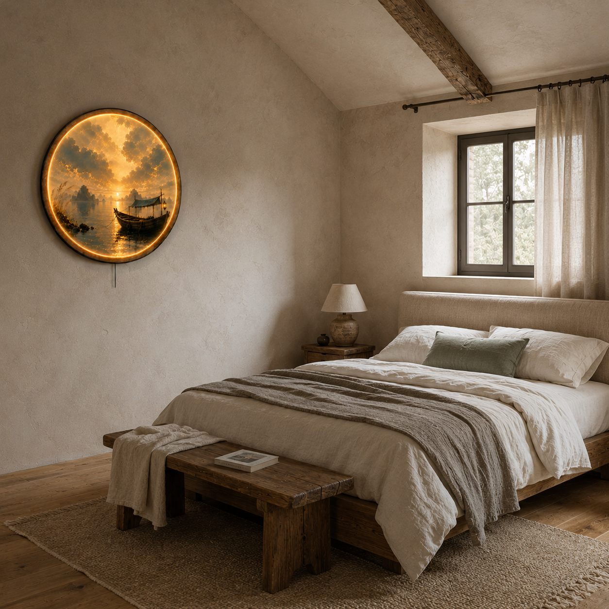 Golden Harbor Boat LED Wall Art – Round Sunset Lake Decor