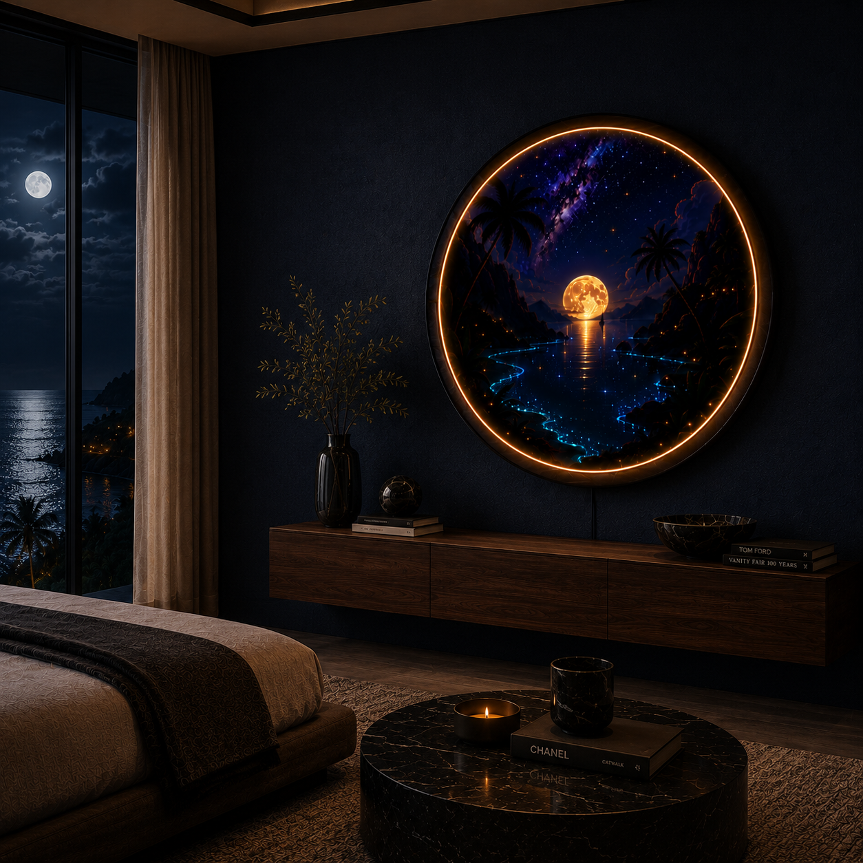 Moonlit Paradise Round LED Wall Art – Acrylic LED Wall Decor with Wooden Frame
