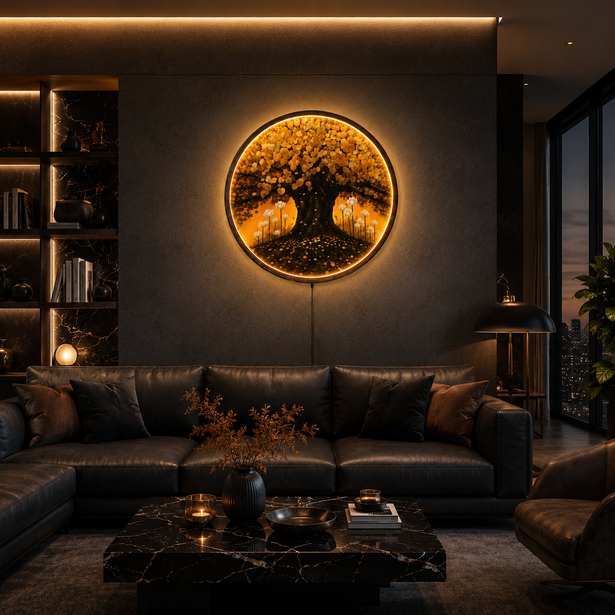 Golden Tree of Life LED Wall Art - Round Wooden Wall Decor with Lotus Flowers & Backlit LED
