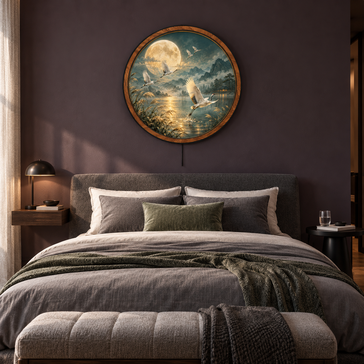 Moonlit Cranes – Golden Serenity LED Wall Art