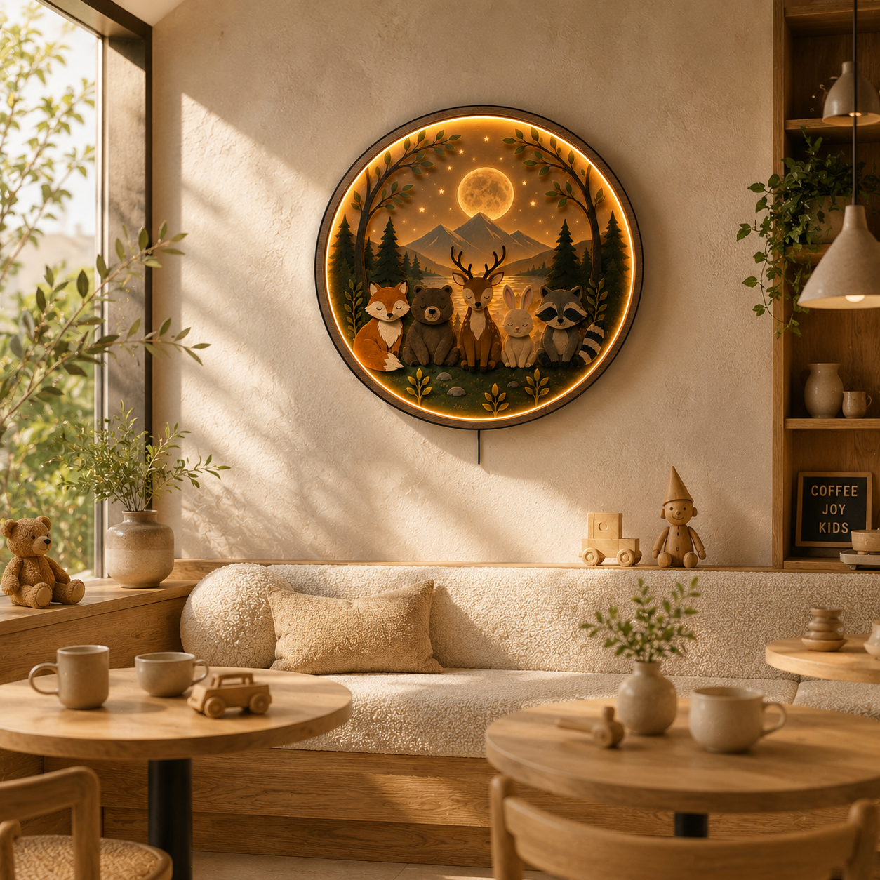 Woodland Friends LED Wall Art Light – Forest Animal Nursery Decor | Round Acrylic Wall Lamp