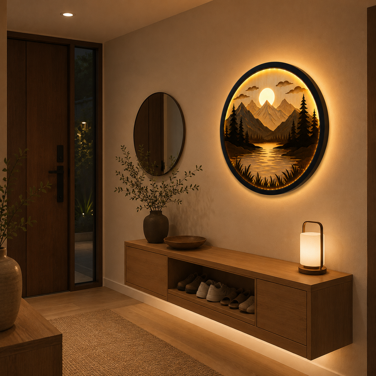 Handcrafted Wood Art Light - 3D Layered Mountain & Lake Design - Warm LED Backlight