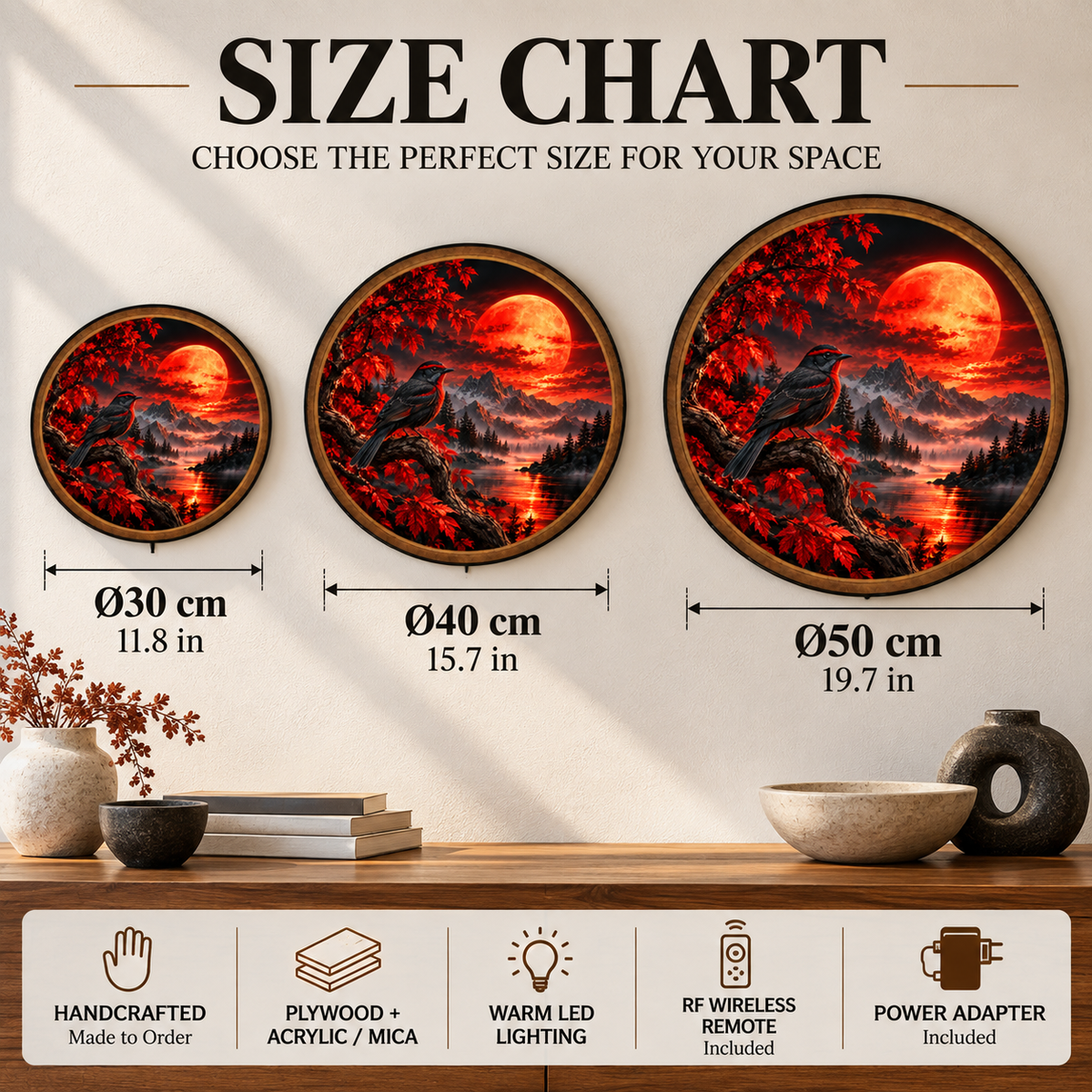 Crimson Moon Songbird Mountain Circular LED Wall Art