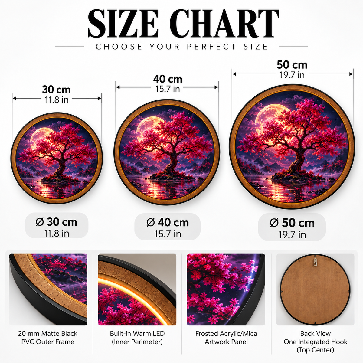 Crimson Moon Blossom Tree Circular LED Wall Art