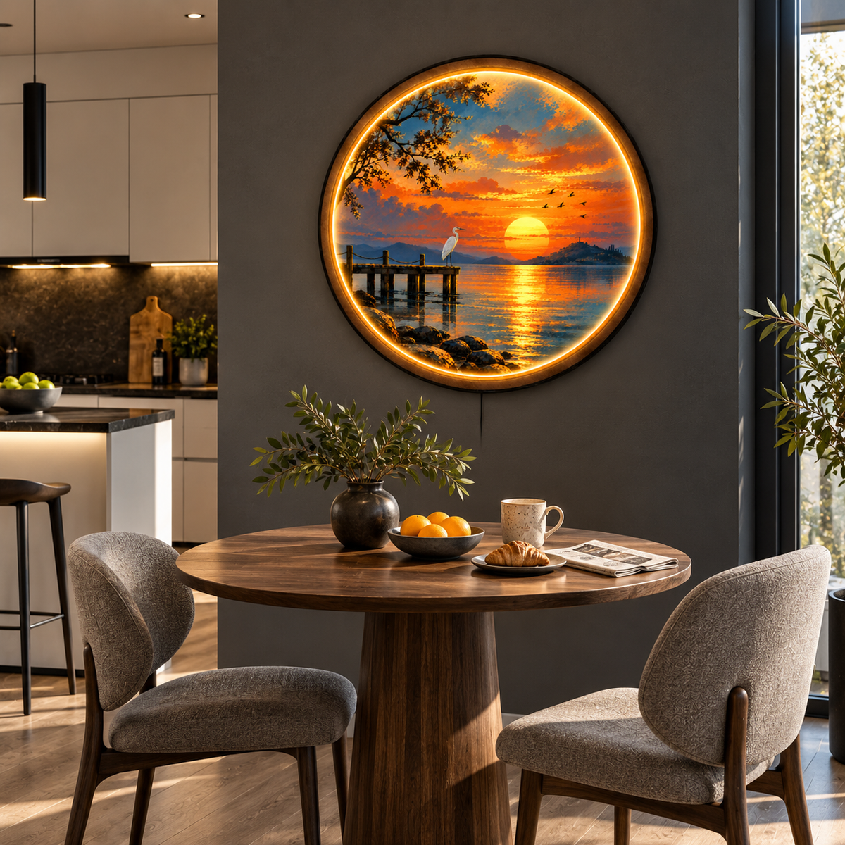 Golden Heron Sunset LED Wall Art – Coastal Nature Lighted Decor