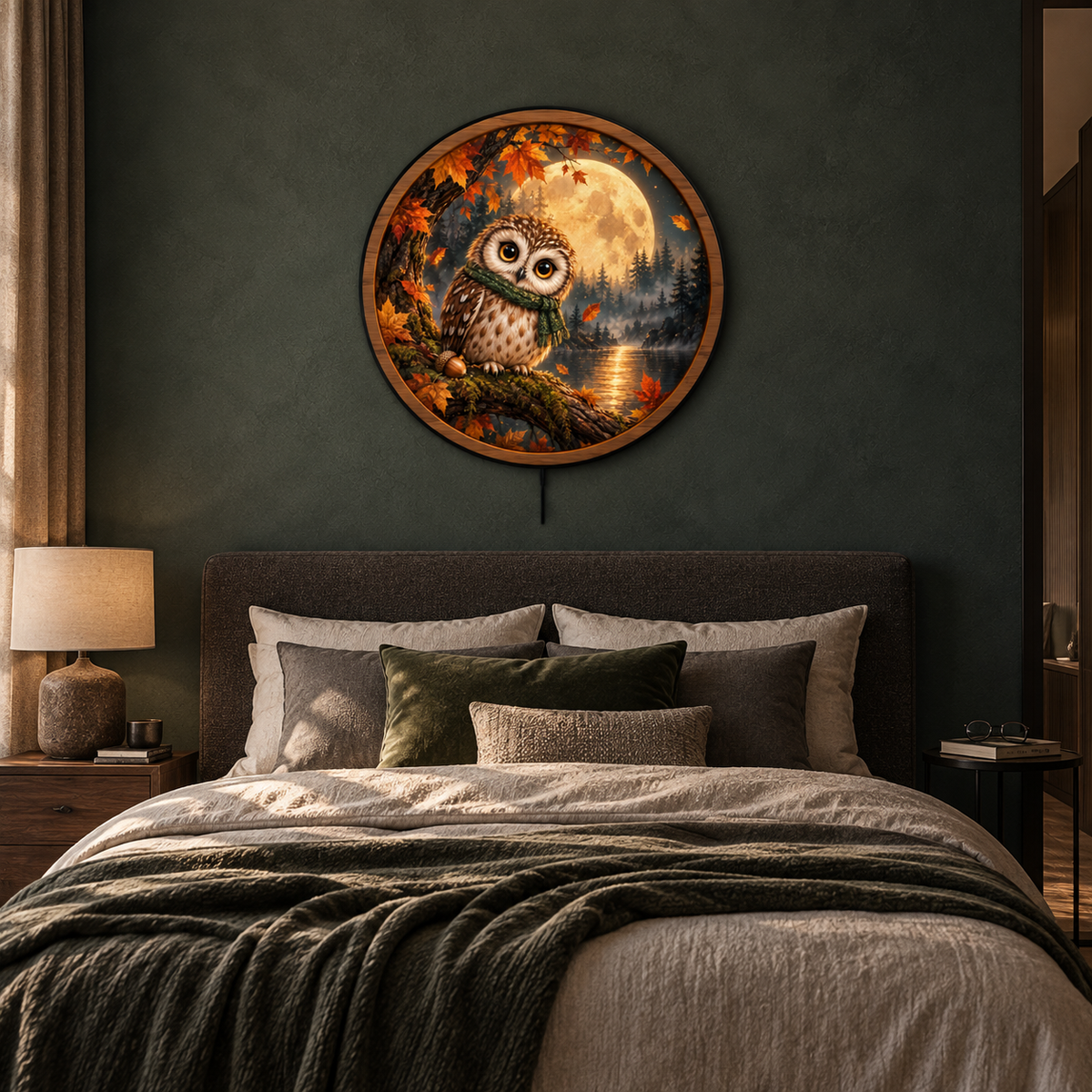 Autumn Moon Owl LED Wall Art – Cozy Woodland Night Decor