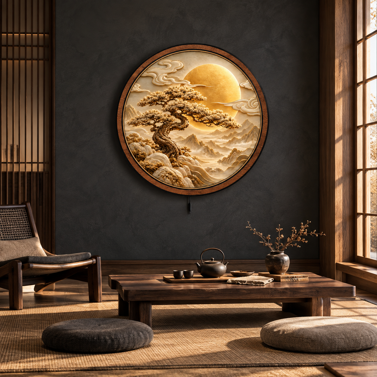 Golden Serenity Pine LED Wall Art – Moonlit Mountain Landscape
