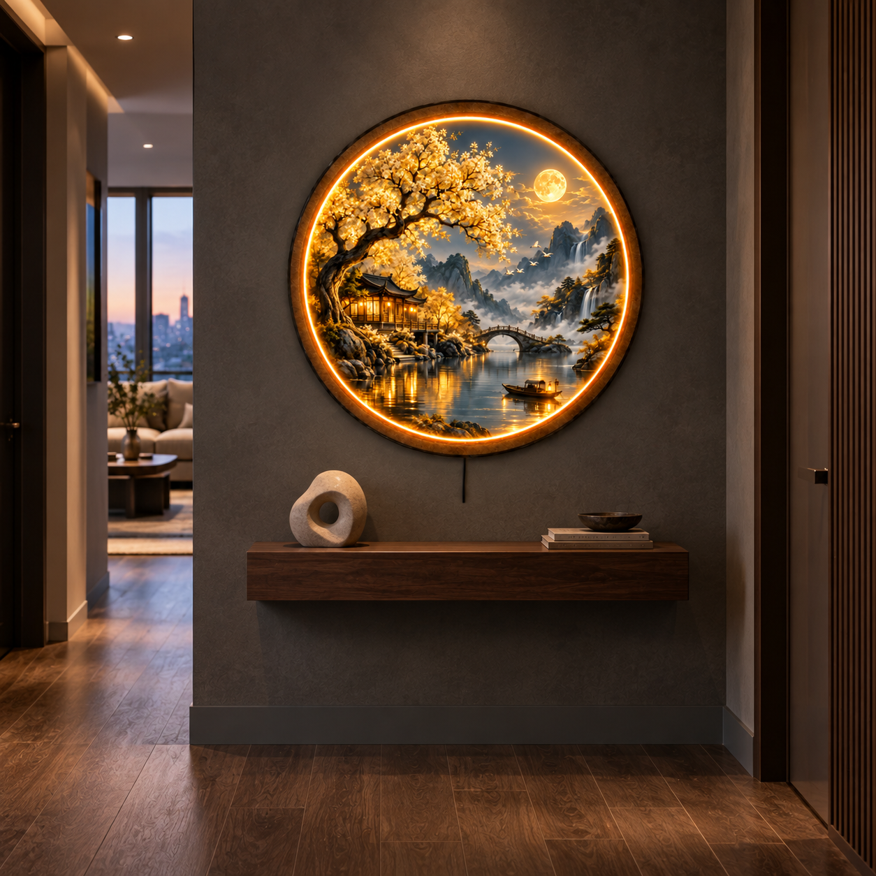 Golden Moon Garden LED Wall Art – Serene Asian Landscape Decor