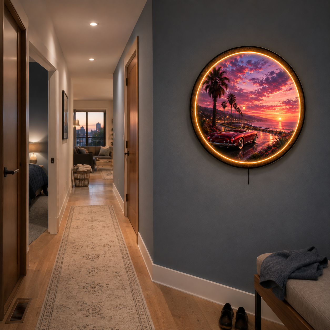Pacific Sunset Drive LED Wall Art – Classic Car Coastal Decor