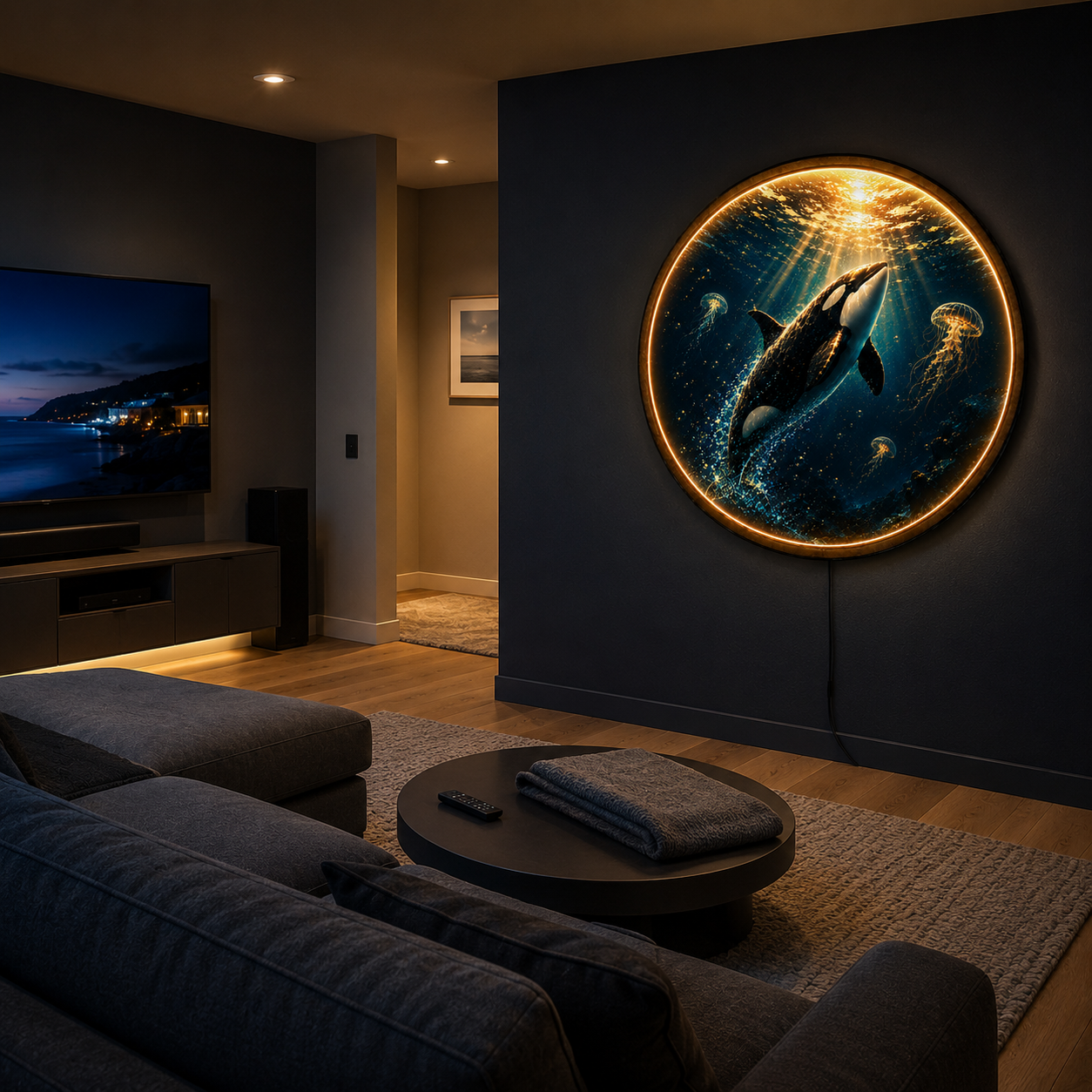 Golden Depths Orca LED Wall Art – Ocean Whale & Jellyfish Decor