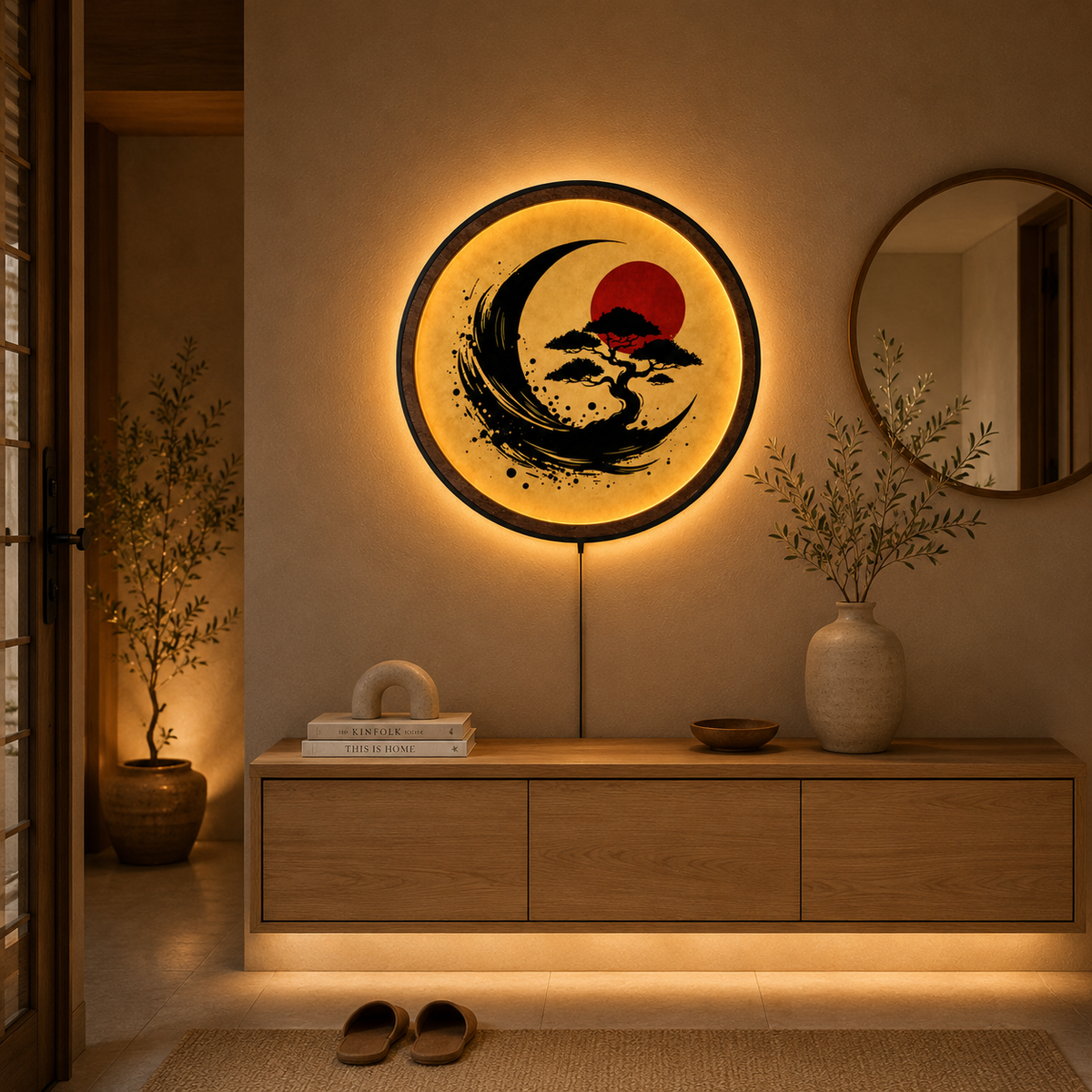 Wood Carved Japanese Bonsai Moon LED Wall Lamp | Zen Sumi-e Style Night Light
