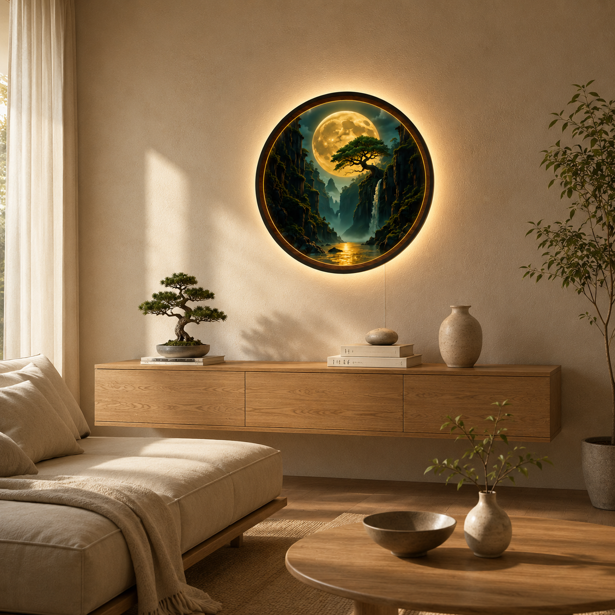 Moonlit Waterfall Canyon LED Wall Lamp | Fantasy Wood Art