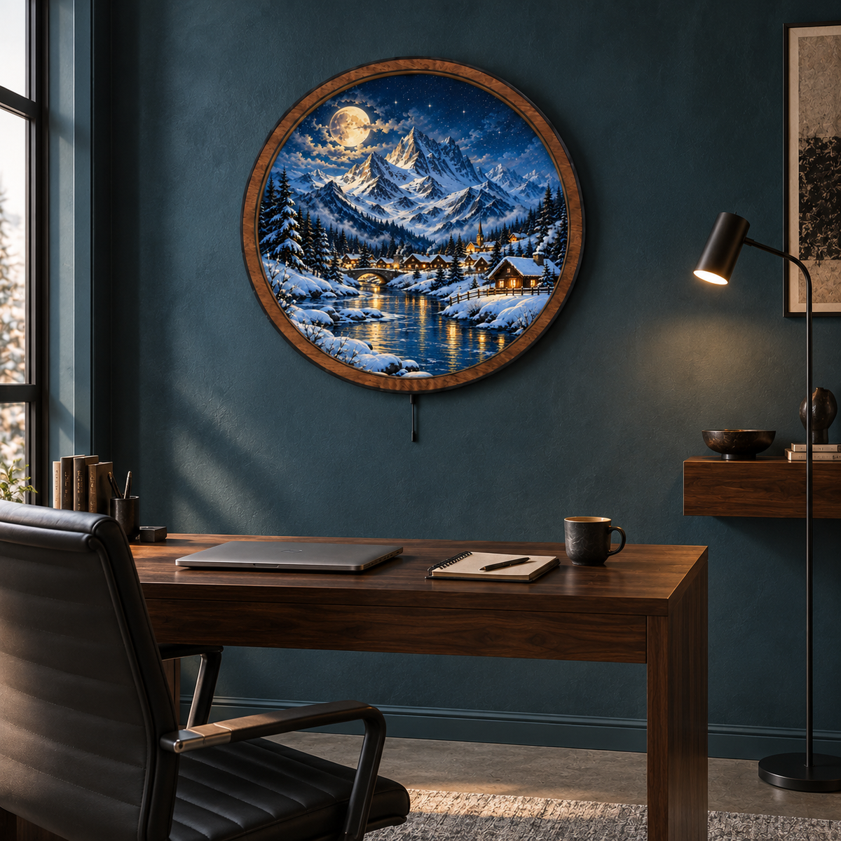 Winterlight Village LED Wall Art – Golden Moon Mountain Retreat