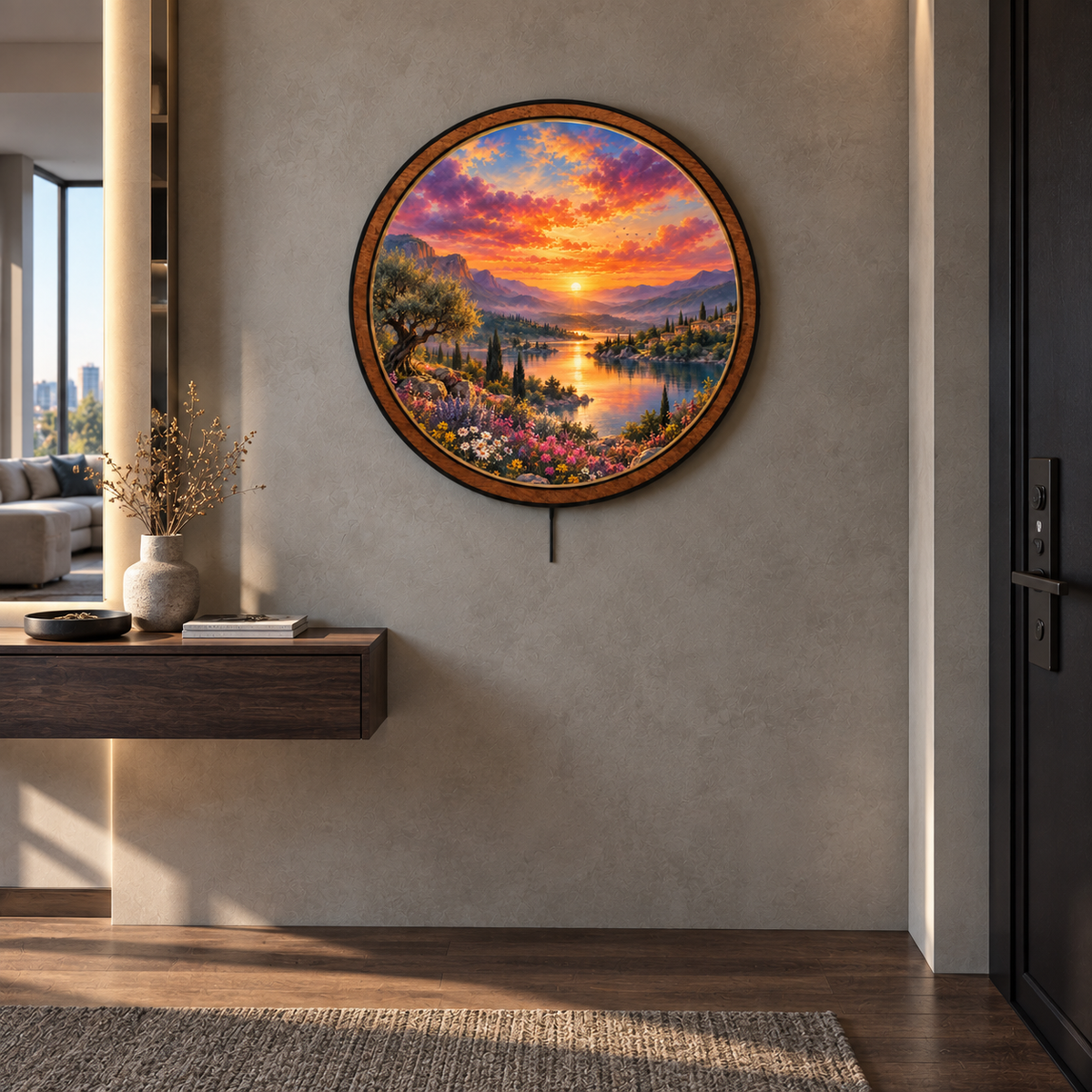 Golden Valley Sunset LED Wall Art – Mediterranean Lake Landscape