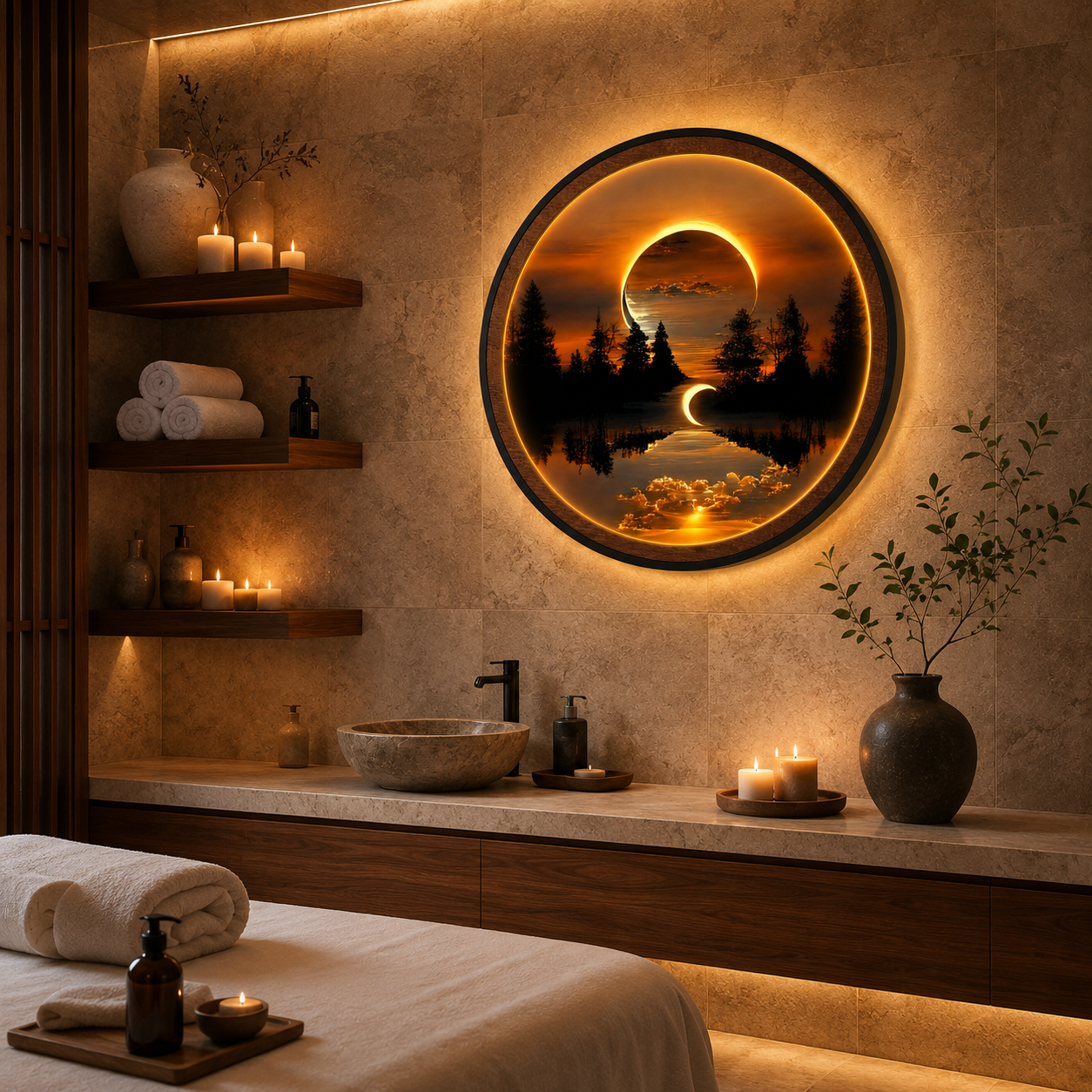 Wood Carved Solar Eclipse Forest Lake LED Wall Lamp | Crescent Moon Night Light Wall Art