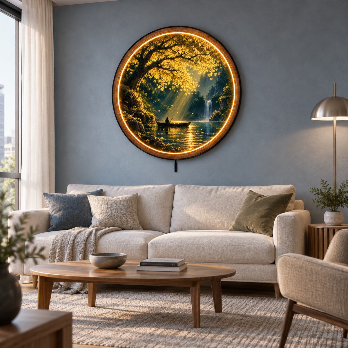 Golden Serenity LED Wall Art – Waterfall & Fisherman Decor