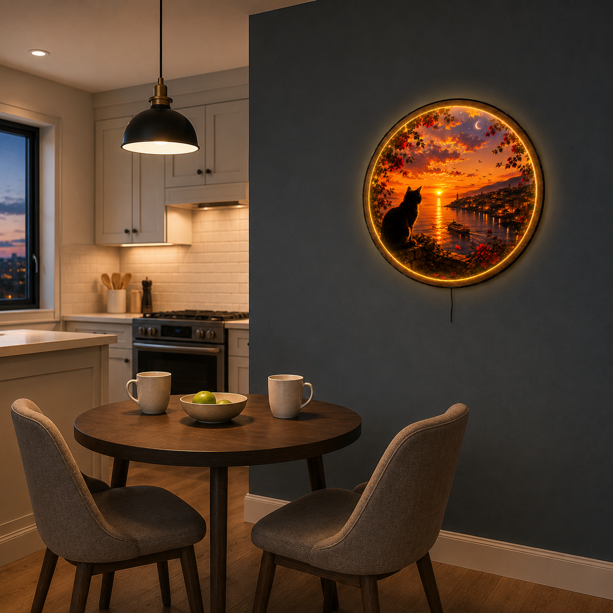 Sunset Watcher LED Wall Art – Black Cat Coastal Sunset Decor