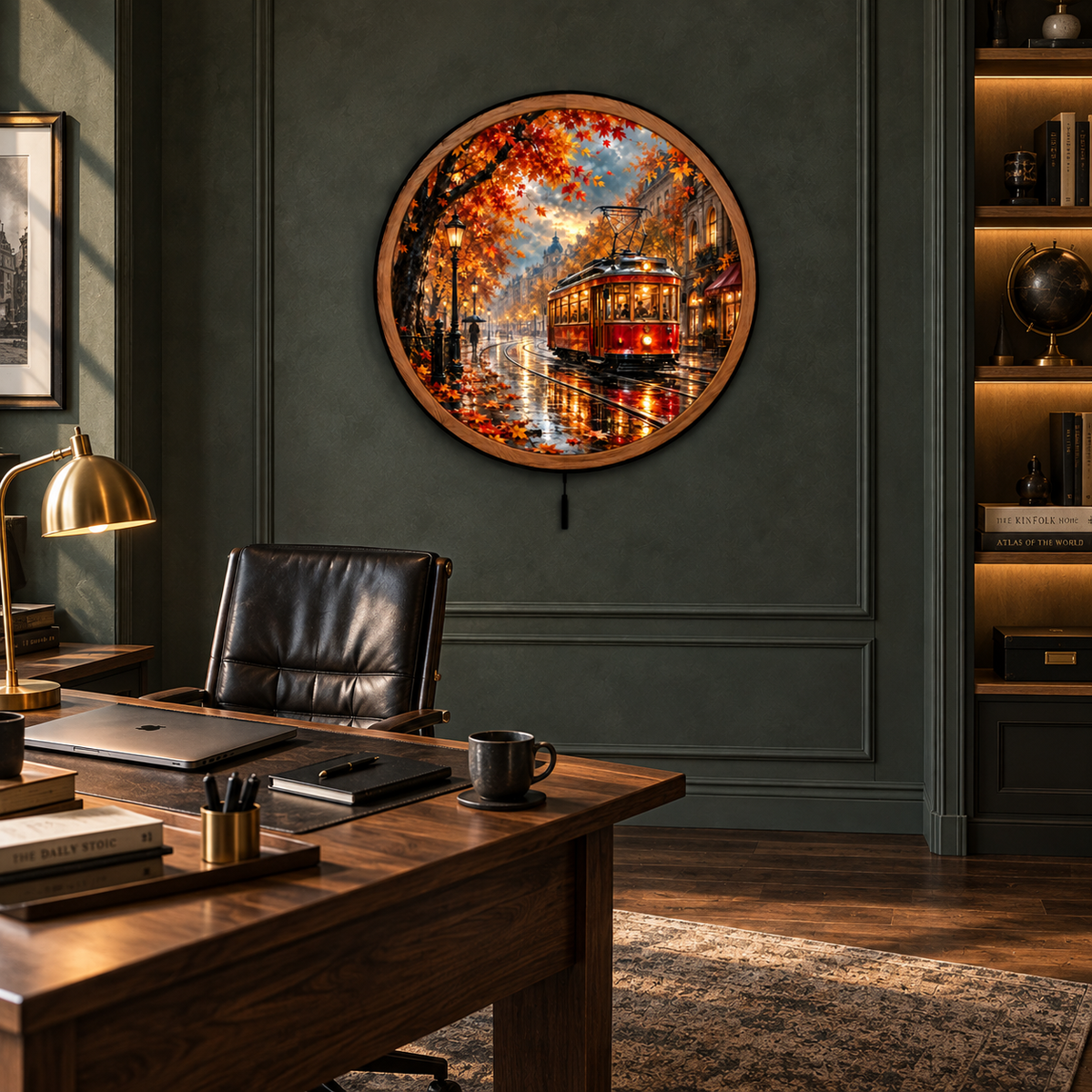 Autumn Tram Glow LED Wall Art – Rainy City Street Decor
