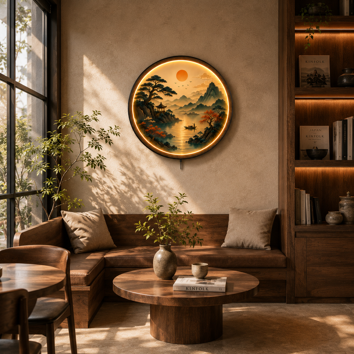 Eastern Serenity LED Wall Art | Tranquil Mountain & Lake Landscape Round Illuminated Wall Decor | Warm LED Ambient Light